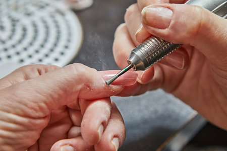 Skilled nail technician providing gel nail extension and perfect polish during a manicure salon service. Close-up of the hands and nails with professional tools and products.の写真素材