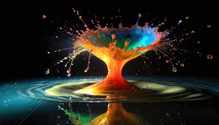 Close-up shot of mesmerizing colliding droplets creating a beautiful visual impact. The collision creates a stunning and dynamic array of vibrant colors and shapes.の素材