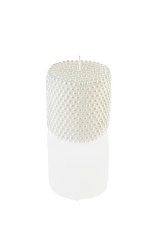 Scented candle with pearls is ideal for creating a romantic atmosphere. The warm light adds a cozy feel and is ideal for intimate evenings at home, isolated on a white background.の写真素材