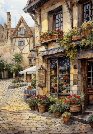 A picturesque cobblestone street in a quaint European town, lined with charming stone buildings adorned with colorful flowers, creating a perfect setting for a leisurely stroll or a romantic getaway.の素材