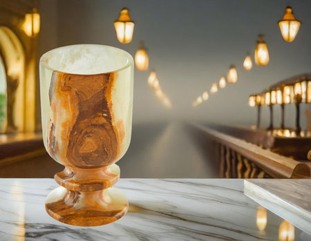 Set of stylish and elegant shot glasses made from natural stone, arranged on a sleek bar counter. The sophisticated and luxurious design is perfect for upscale bars and restaurants.の写真素材