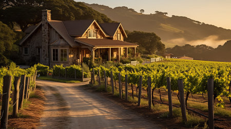 Idyllic rural vineyard with quaint farmhouse, serene rolling hills, and golden sunset