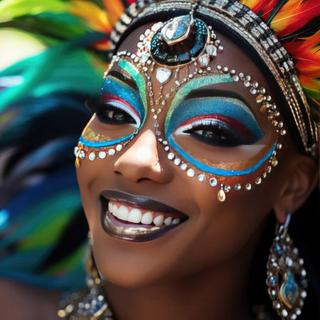 Trinidadian Carnival Model with Traditional Headpiece and Makeup on White Backgroundの素材