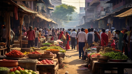 A vibrant Indian market, bustling with people shopping for food, spices, and clothing at colorful stalls. Traditional atmosphere, lively haggling, and a bustling atmosphere.の素材
