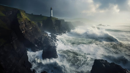 A majestic lighthouse stands on the rocky coast, its light piercing through the dark sky as waves crash against the rocks, creating a dramatic scene of power and resilience.の素材