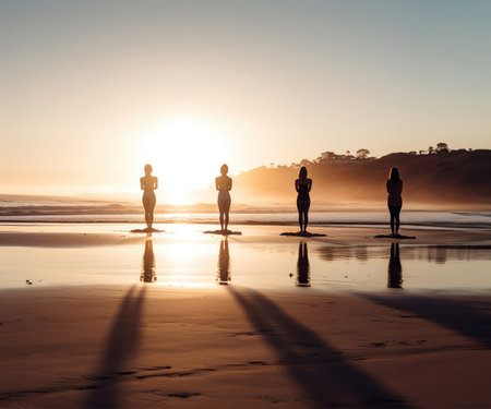 Silhouettes of girls doing yoga on the sand at a sunset beach, with crashing waves and warm sun in the background creating a dreamy atmosphere.の素材