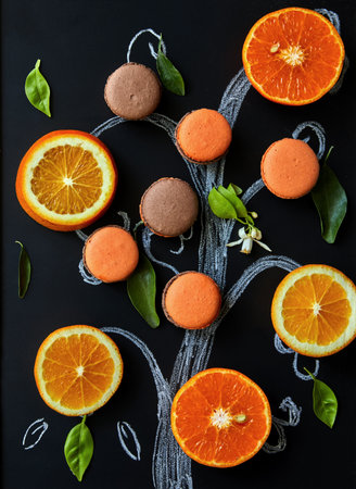 Delicious chocolate-flavored macarons with orange on a dark background with a tree drawn on the board. Ideal image for pastries, desserts or food blog content. Flat layの写真素材