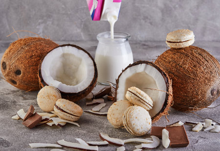 Coconut macarons with chocolate and coconut flakes on a table with a coconut in the background. The perfect image for a food blog or recipe website.の写真素材