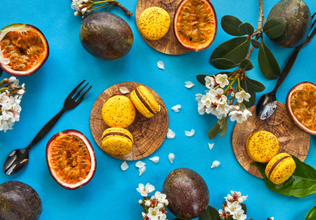 Delicious pasta with passionflower flavor on a light background with passionflower fruits. Ideal image for baking, desserts or food blog content. Flat layの写真素材