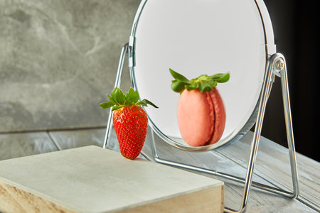 A strawberry and a macaron are reflected in a mirror, showing the beauty of natural foods and desserts. The colorful fruit contrasts with the delicate pastry in this captivating sceneの写真素材