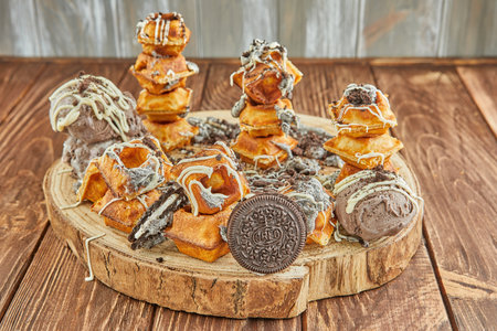 A delicious assortment of donuts, a popular baked good and staple food in American cuisine, is stacked on a wooden table. These sweet confectioneries are perfect finger foodsの写真素材