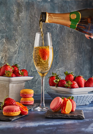 Champagne being poured into a flute with a strawberry, surrounded by fresh strawberries and colorful macarons on a textured surface.の写真素材