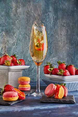 A strawberry splashes into a champagne glass, surrounded by fresh strawberries and colorful macarons on a textured surface, creating a festive scene.の写真素材