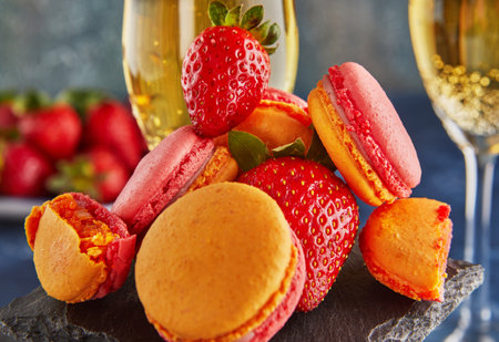 The taste of the Strawberry Champagne macarons is surrounded by fresh strawberries and colorful macarons on a textured surface, creating a festive scene.の写真素材
