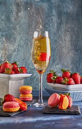 A strawberry splashes into a champagne glass, surrounded by fresh strawberries and colorful macarons on a textured surface, creating a festive scene.の写真素材