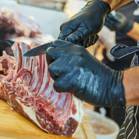 Close-up of a butcher wearing black gloves, carefully trimming raw ribs with a sharp knife on a...