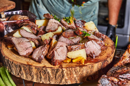 A wooden plate piled high with succulent grilled meat slices and potatoes, topped with fresh herbs for extra flavor.の写真素材