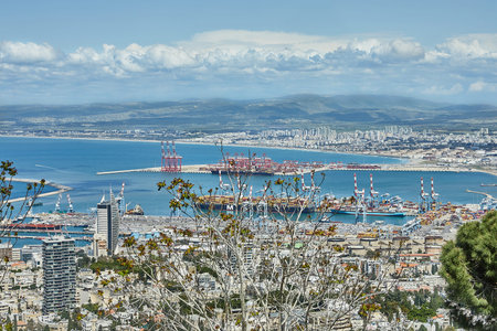 Haifa port view with shipping cranes, cargo ships, and cityscape under a bright sky in Israel's major coastal industrial hub.の写真素材