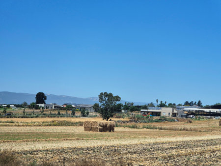 Rural agricultural field with haystacks, distant houses and hills in the background, under a bright blue summer skyの写真素材