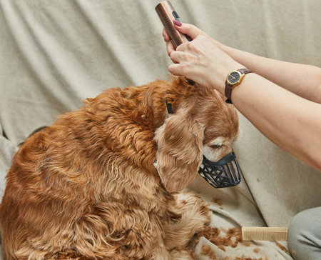 Dog sits quietly while groomer trims ear hair with clipper, showing effective pet care and cleanliness in groomingの写真素材