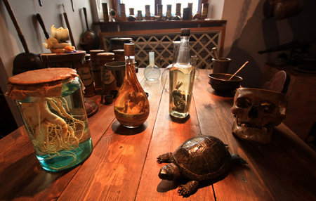 Table medieval alchemist in the Pharmacy Museum in Rigaのeditorial素材
