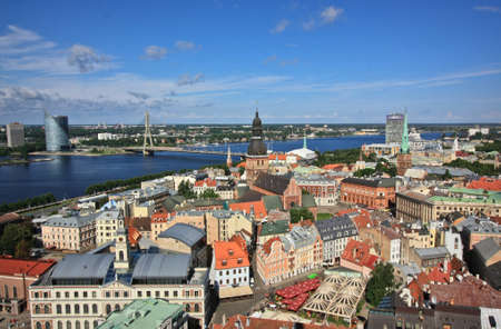 Old Riga and river from rooftop of the cathedralの写真素材