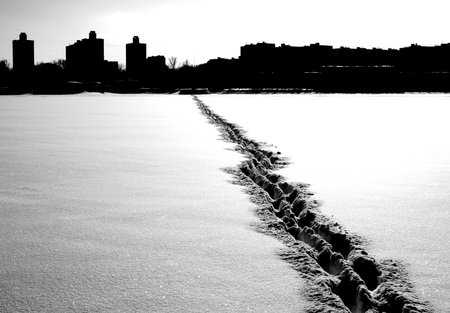 Single steps across the snowy expanseの写真素材