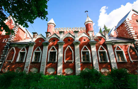 Red and white mansion with fairy towersの写真素材