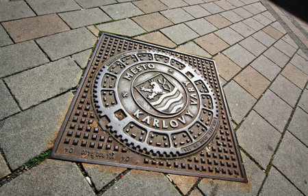 Sewer manhole with lion in the Czech townのeditorial素材