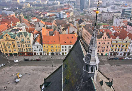 City view of Plzen and rooftop of cathedralの写真素材