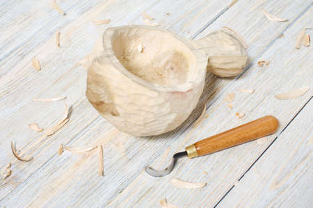 Handmade wooden mug Kuksaの写真素材
