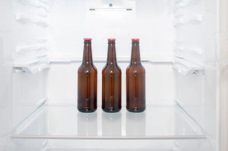 Brown glass beer bottles stand on a shelf in the refrigerator