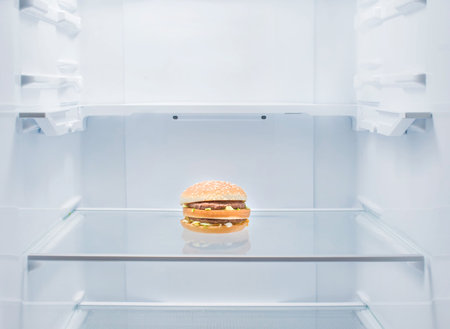 One hamburger lies in the center of an empty refrigerator