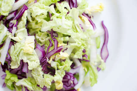 Fresh vegan red and green cabbage salad closeup top viewの写真素材