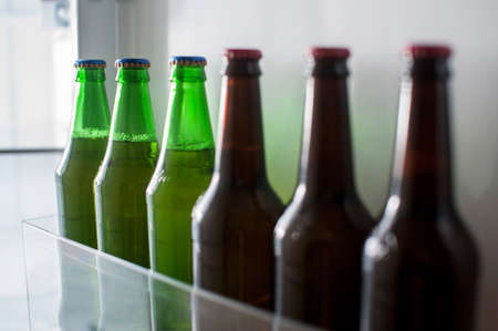 Green and brown glass beer bottles stand refrigerator doorの写真素材