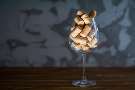 Many wine corks in a glass goblet. Copy space