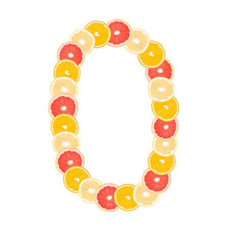 The number 0 made from sliced citrus fruits. Oranges, grapefruit. Isolated on white background