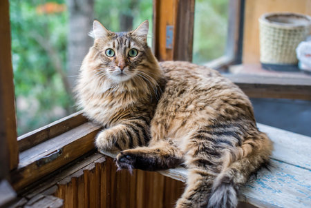 An adult brown cat lies on an old wooden window. Look into the camera