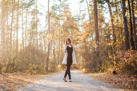 A beautiful, sexy girl in a raincoat stands on the road in the autumn forest at sunset. Warm light. Yellow foliageの写真素材