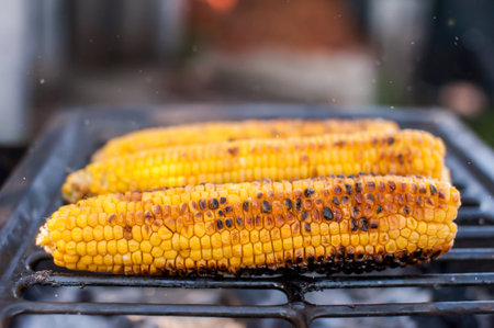 Ripe yellow corn is grilled. Barbecue and grill. Soft background