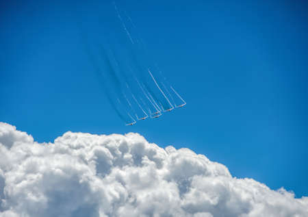 Russia, Voronezh - June 24, 2017. A group of Russian Air Force Mi-28 helicopters in the sky during demonstration performancesのeditorial素材