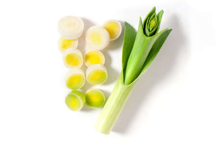 Sliced fresh raw leek on white background close up. Macroの写真素材