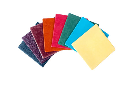 Square swatches of colored multicolored leather on a white background. Isolated