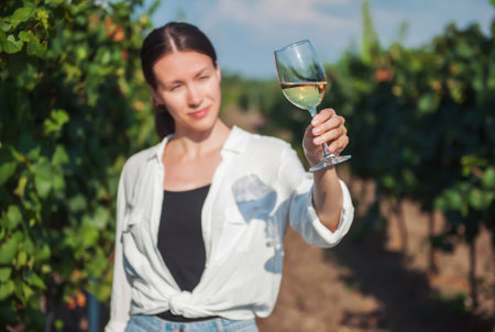 The girl holds a bunch of grapes and checks the quality on the background of the vineyard. winemaker technologistの写真素材