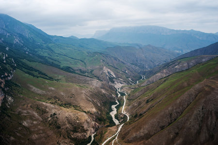 Mountain landscape. river in a mountain gorge, view from above. aerial photographyの写真素材