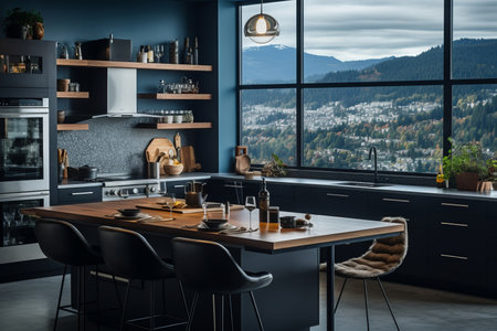 Modern kitchen with black walls, large kitchen island and window overlooking mountains and forestの素材