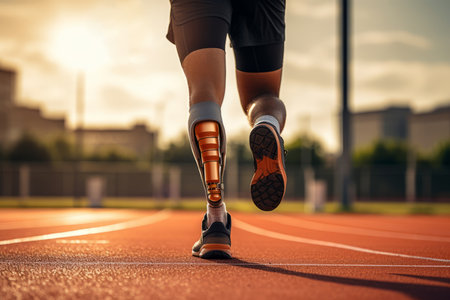 Male athlete on a prosthetic leg runs through the stadium at sunset close-upの素材