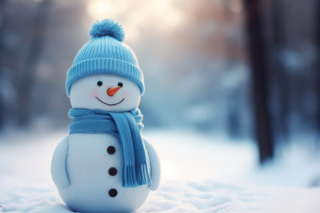 Cheerful cute snowman in a hat and scarf in the winter forest at sunset close-upの素材