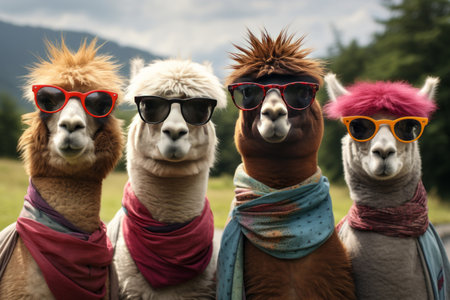 Funny alpacas wearing sunglasses outdoors in summer close upの素材