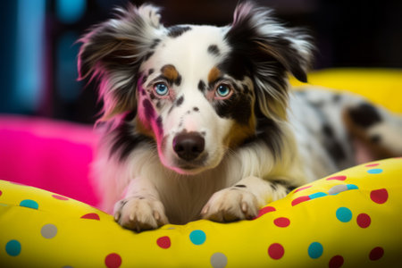 Portrait of a friendly Australian Shepherd dog lying on a bright colored background indoorsの素材